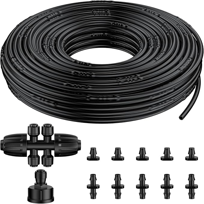 Pawfly 100 ft 1/4 Drip Irrigation Tubing 1/4 Emitter Tubing with 6 Spacing Polyethylene Drip Line with 12 Parts Black Distribution Tubing for Drip Irrigation System Drip Irrigation Hose Roll