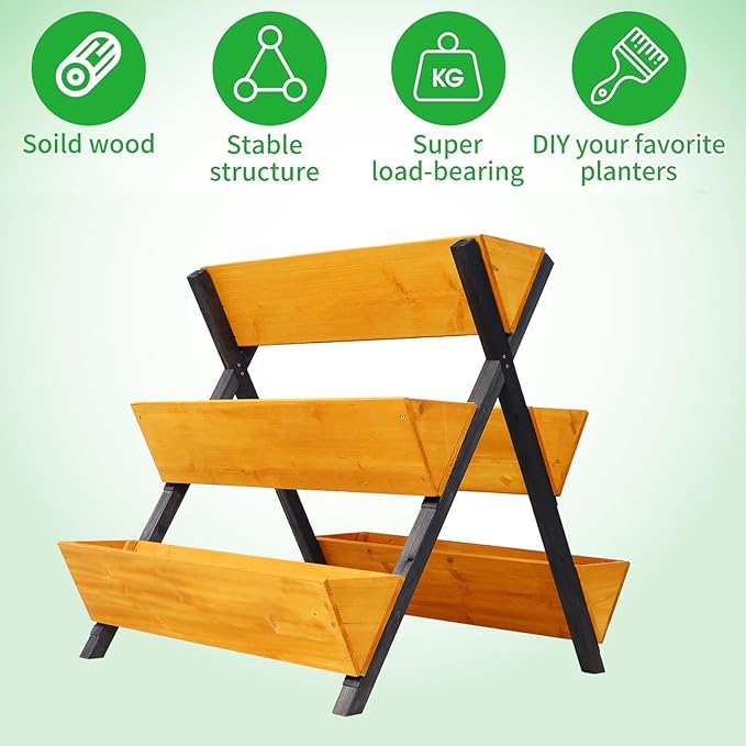 3 Tiers Wooden Vertical Raised Garden Bed with LegsBrown Planter Raised Beds Kit for Flowers Herbs Vegetables