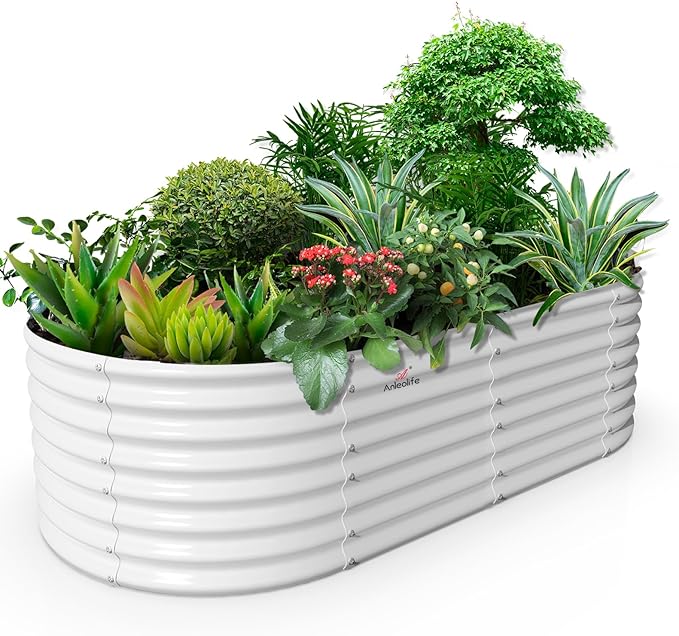 A ANLEOLIFE 8x4x2ft Galvanized Raised Garden Bed Kit Oval Metal Deep Root Planters for Outdoor Plants Vegetables Flowers Herb Large Bottomless 478 Gallon Capacity- Antique White