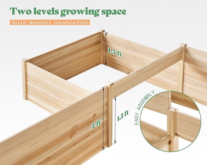 AMERLIFE Raised Garden Bed – 12x12x2 ft H-Shaped Wooden Planter Box 180 Cu. Ft Capacity Double-Layer Design for Outdoor Patio Yard and Garden Use