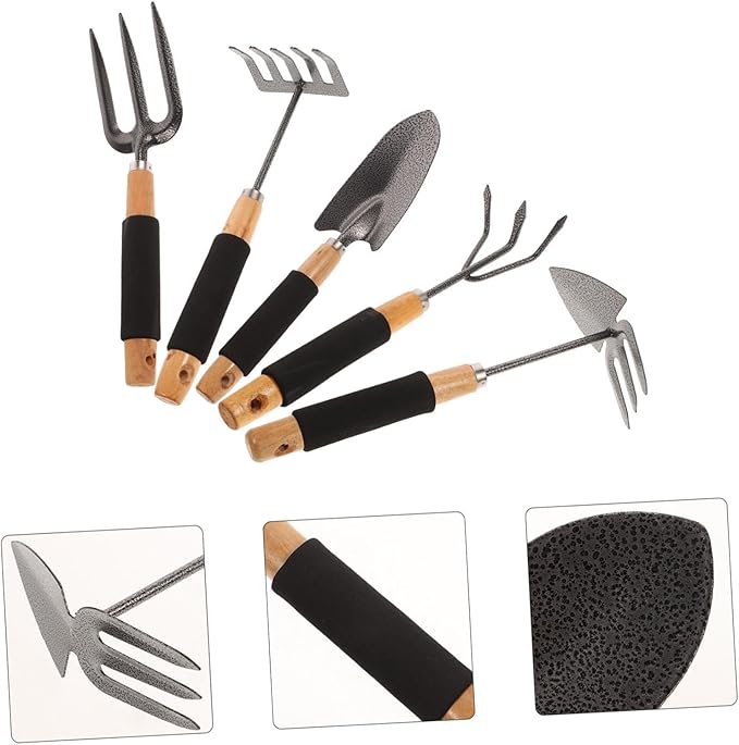 POPETPOP Professional Garden Tool Set 5-Piece Kit Shovel Rake and Spade for Excavation Weeding