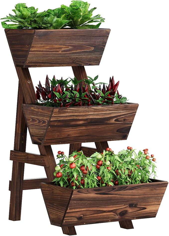 Vertical Wooden Raised Garden Bed Garden Planters Freestanding Wood Plant Stand Flower Rack Wooden Planter Box for Plants Herbs Flowers Vegetables Outdoor Indoor Gardening (3-Tier Small Carbonized)