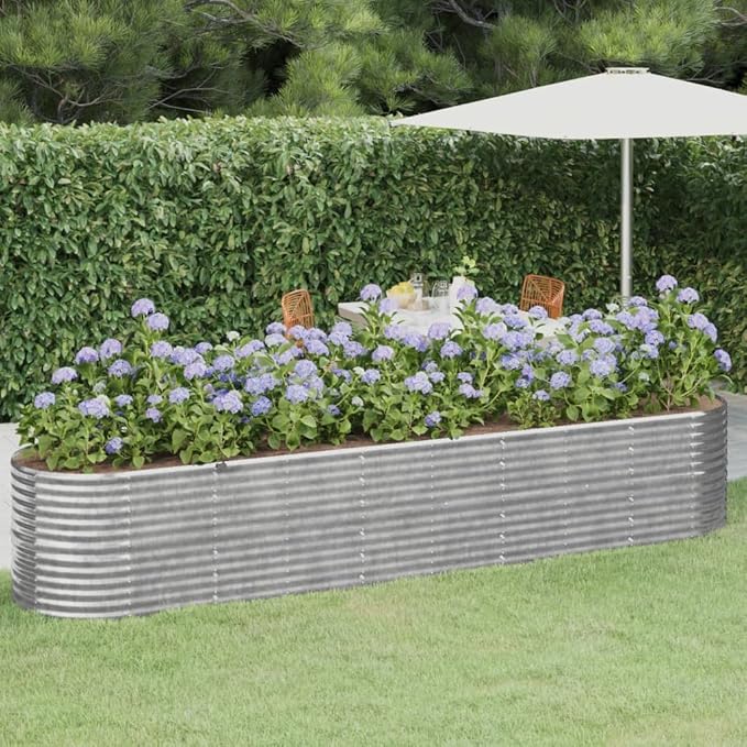Garden Raised Planter Raised bedsGalvanized PlanterFlower BedTroughMetal PlanterRaised Garden BedBed Powder-Coated Steel 144.9x31.5x26.8 Silver