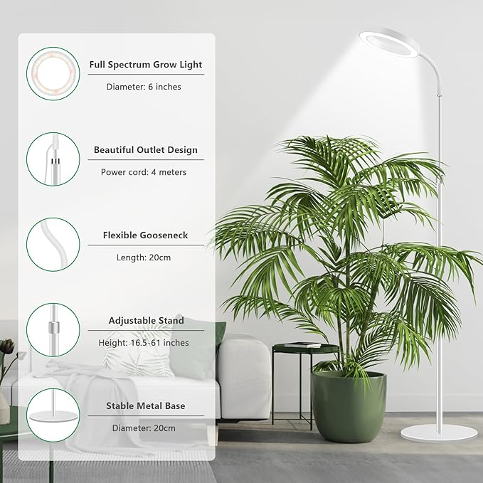 Floor Grow Lights for Indoor Plants Full Spectrum Plant Light with 68 Stand for Growing Large Tall Plants White Halo Grow Lamp with 6/12/16H Timer 3 Light Modes 5 Dimming