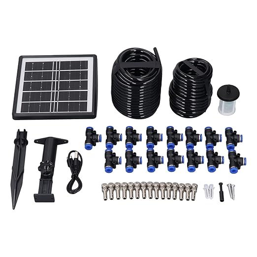 Solar Powered Spray Irrigation System Kit Flexible Watering Schedule Solar Auto Irrigation System with 2200mAh Battery IP67 Water Proof 10m Hose15 Flower Pots for Garden Lawn