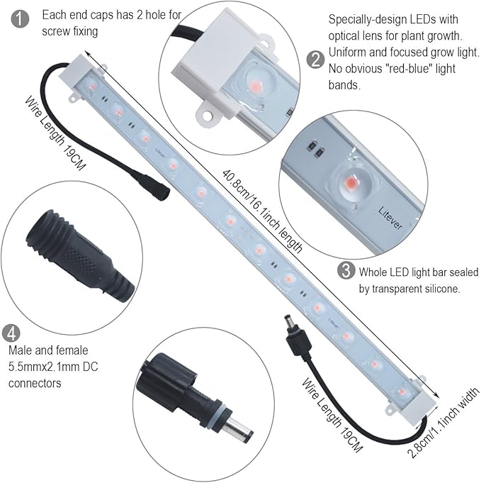 Litever Grow Light Strip Kit 36W with Timer 4 pcs 16 Inches LED Grow Light Strips with Extension Cables Mounting Accessories for Greenhouse Grow Shelf. Perfect for Indoor Growing-(4-Strip-Kit)