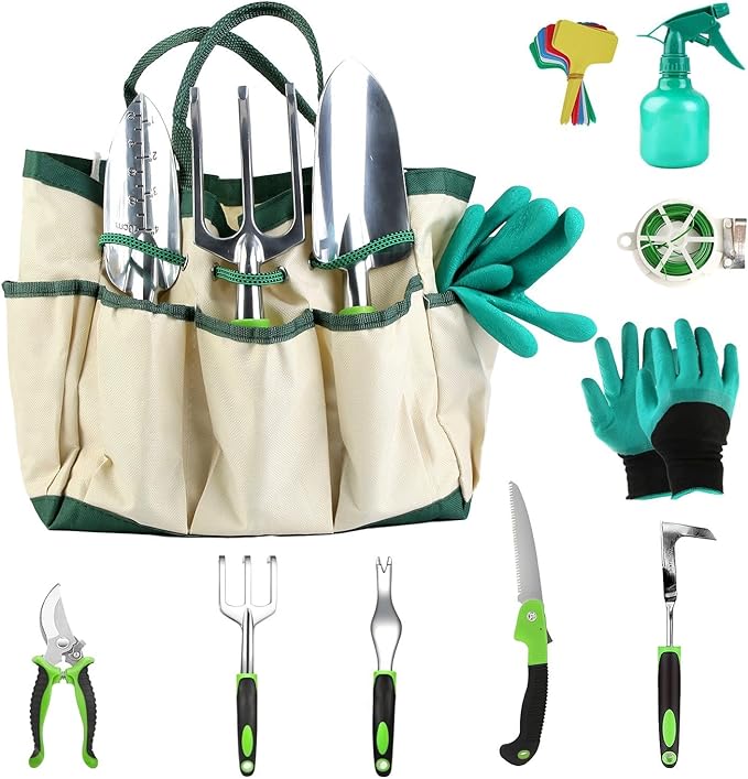 Heavy Duty Aluminum Alloy Garden Tools Set - 13Pcs Rustproof Gardening Hand Kit with Ergonomic Handle Includes Storage Tote Bag Pruning Shears Trowel for Outdoor Planting