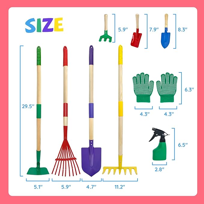 9Pcs Kids Gardening Tools Set - Toys with Shovel Rake Hoe and Leaf Rake for Outdoor Backyard Play STEM Educational Toys Ideal Christmas Birthday Gifts for Toddler Boys &amp Girls Ages 3 4 5