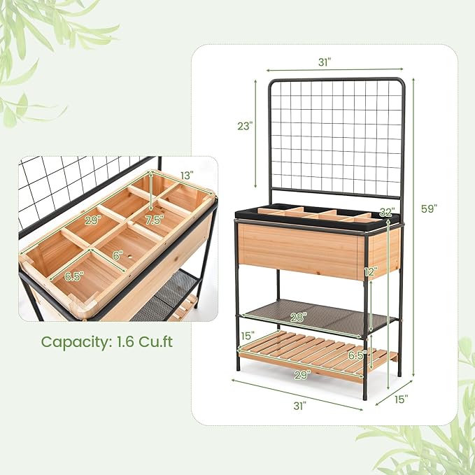 Giantex Raised Garden Bed with Trellis Elevated Wood Metal Planter Box with 2-Tier Storage Shelves Grid Divider Drain Hole &amp Black Liner Freestanding Garden Planter for Herb Vegetable Fruit Fl