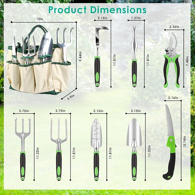 Garden Tool Set 13PCS Aluminum Alloy Heavy Duty Garden Tool Kit with Non-Slip Ergonomic Handle Storage Bag &amp Gloves Gardening Gifts for Women and Men