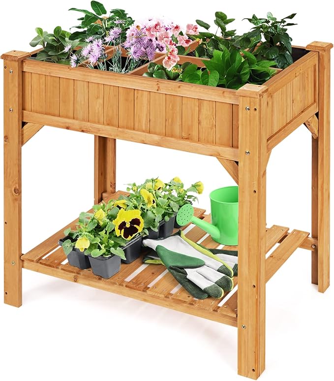 HAPPYGRILL 8-Grid Raised Garden Bed 36” Elevated Wood Planter Box with Liner &amp Shelf Removable Divider Drainage Holes Outdoor Gardening Bed with Legs for Backyard Patio