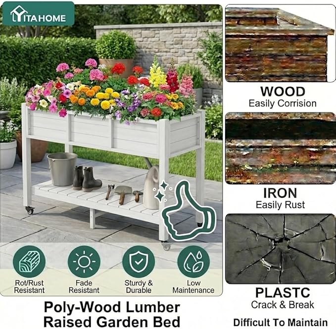 YITAHOME Raised Garden Bed HDPE 47x18x31In Raised Flower Bed Poly-Wood Weather-Resistant Elevated Planter Box with Lockable Wheels &amp Storage Shelf for Vegetable Flower White