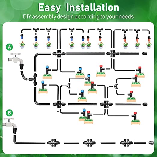 246FT Drip Irrigation System Automatic Drip Irrigation Kit with 1/2 Main Tube &amp 1/4 Branch Tubing Adjustable Drip Emitters Garden Watering System for Flower Bed Raised Beds Lawn Greenhouse