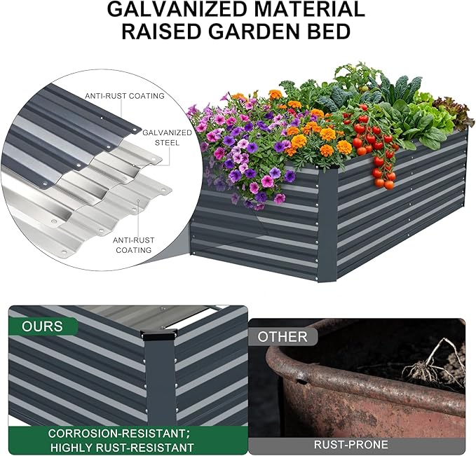 STBoo 6x3x2FT Galvanized Raised Garden Bed Outdoor Metal Raised Planter Box for Vegetables Elevated Rust-Resistant Rectangle Gardening Container Kit with Reinforced Panels for Backyard Patio(Grey)
