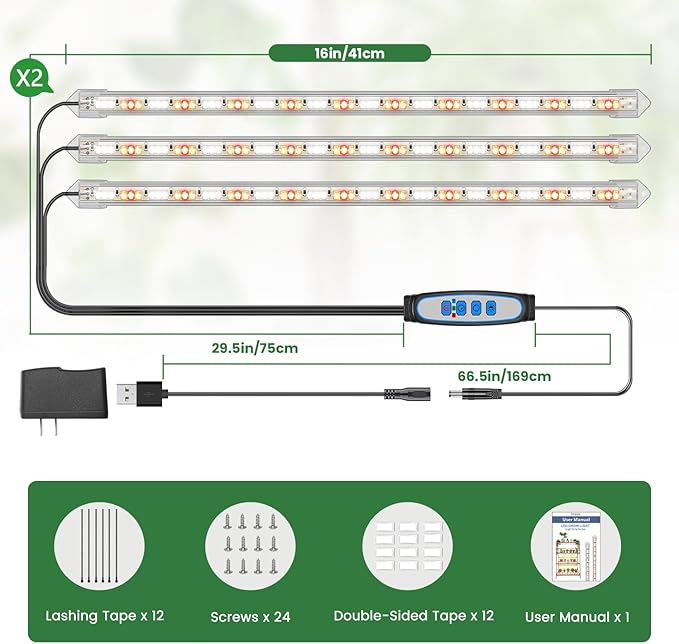 Grow Lights for Indoor Plants Full Spectrum LED Grow Light Strips with 6/12/16H Timer 3 Spectrum Modes 5 Brightness Levels 180 LEDs Sunlike Plant Lights for Indoor Growing (2 Pack)
