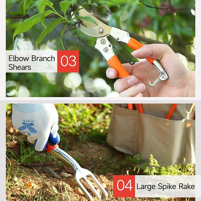10-Piece Garden Tool Set with Durable Shovel Pruning Shears Folding Saw Rake Sprayer Gloves &amp Carrying Bag – Heavy Duty Aluminum Alloy Gardening Kit for Planting Trimming Watering &amp Yard
