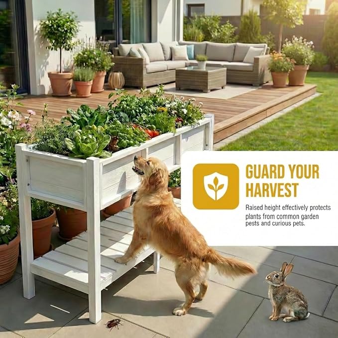 DWVO 48x18x30in Raised Garden Bed HDPE Poly Wood Planter Box StandWeather-Resistant Planter Box with Legs &amp Storage Shelf Elevated Garden Bed for Backyard Patio Balcony White