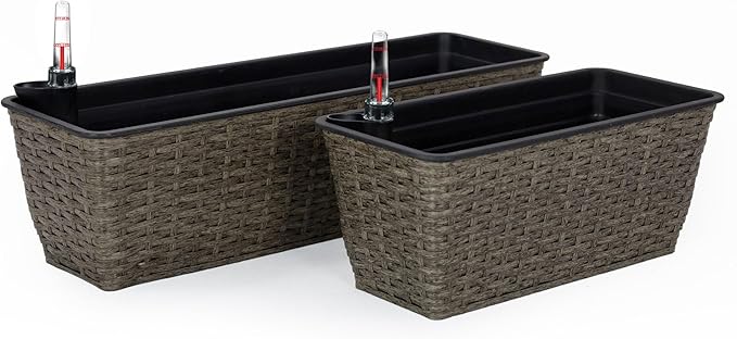 2 Pack Self Watering Planter Hand Woven Wicker Rectangular Dark Gray