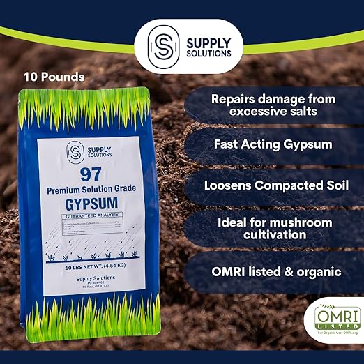 Supply Solutions Premium 97 Solution Grade Gypsum - Fast Acting Gypsum for Soil - Organic Calcium Sulfate Dihydrate - Gypsum Powder for Root Growth Lawns Mushroom Cultivation (10lbs)