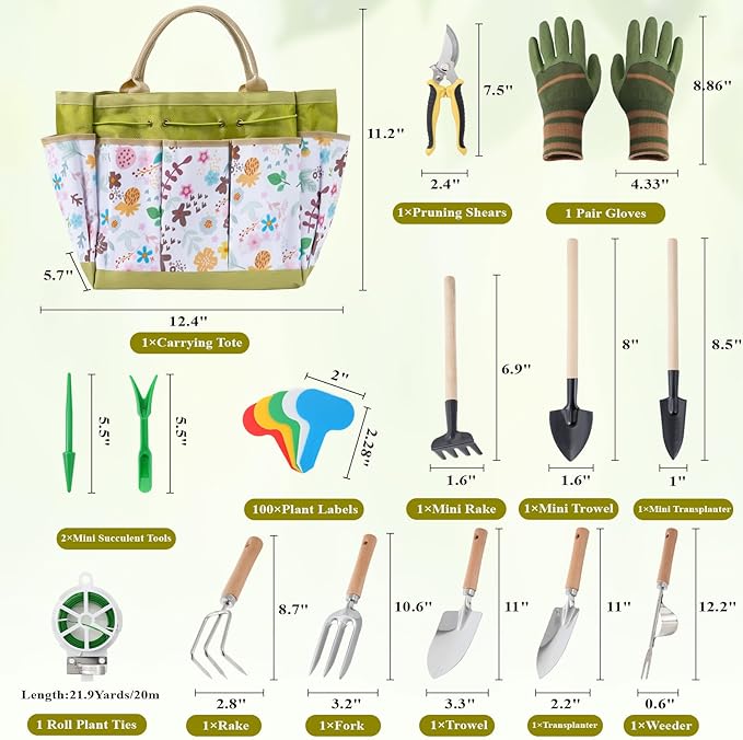 15-Piece Garden Tool Set for Women Heavy Duty Gardening Kit with Floral Garden Bag Steel Garden Hand Tools Plant Labels Gloves Gardening Gift Basket for Men Gardeners Plant Lovers Green