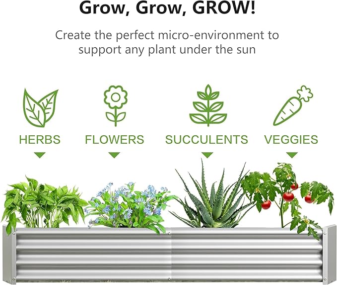 Raised Garden Beds Outdoor for Gardening 6×3×1ft Galvanized Rectangular Plastic Raised Planter Garden Box for Fruit Vegetables Herbs Flowers Growing Bed for Lawn Patio Balcony Silver