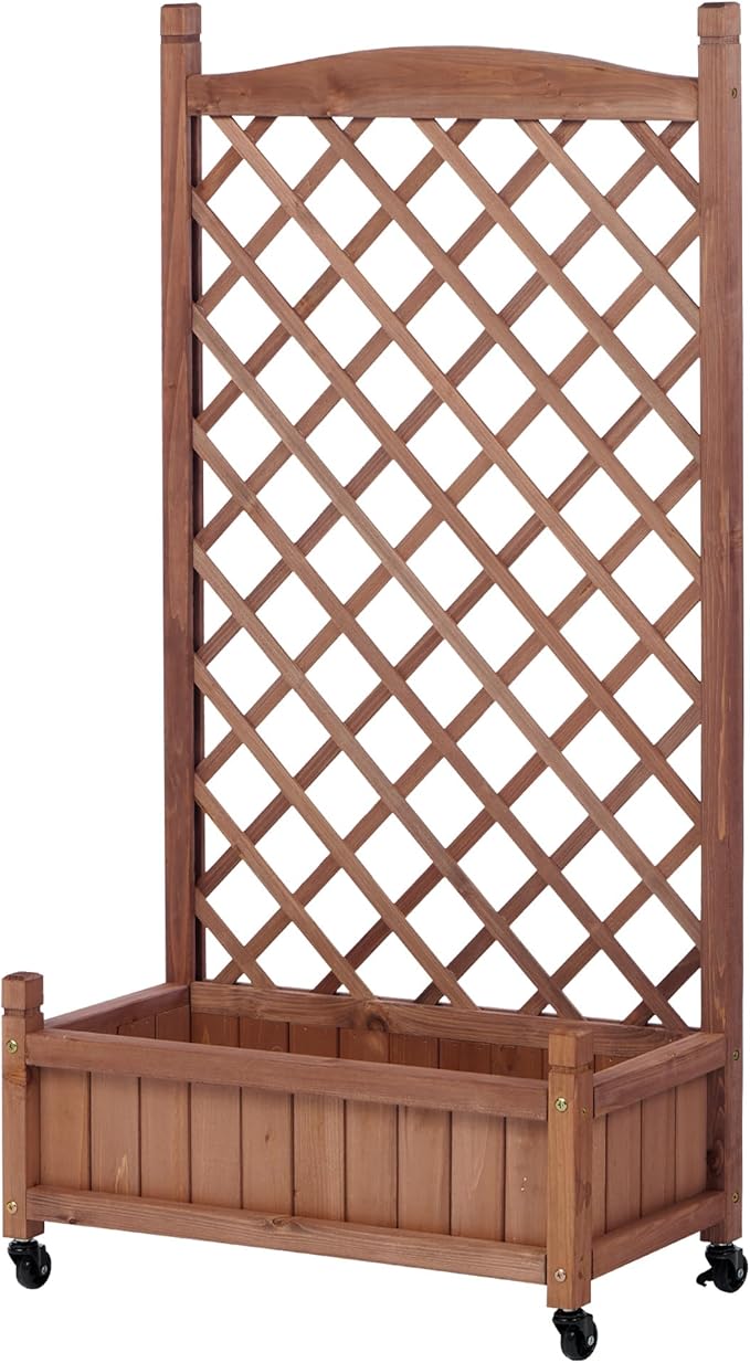 2-Pack Raised Garden Beds with Trellis | Outdoor Wooden Planter Boxes on Wheels | Climbing Plant Stand with Drainage Holes