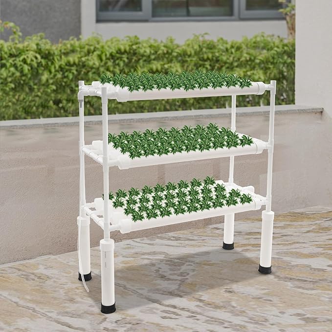 Hydroponics Growing System 108 Planting Holes 3-Tier PVC-U Pipes Hydroponic Gardening System Grow Kit Nest Basket and Sponge Plant Site Grow Kit with Water Pump &amp Timer for Leafy Vegetables