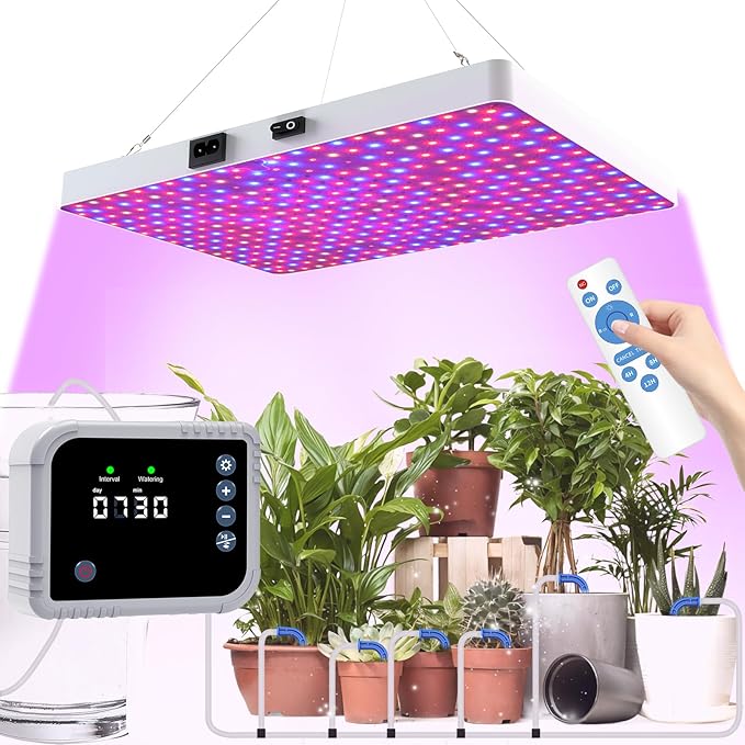 LED Grow Light with Automatic Watering System for Indoor Plants Full Spectrum Plant Light with Remote Control Stepless Dimmable Growing Lamps with 3 Lighting Modes for Seedlings Veg Bloom
