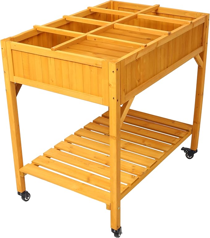 Elevated 8 Pocket Herb Garden Bed Mobile Raised Customizable Wood Planter for Herbs Vegetables Flowers w Lockable Wheels Storage Shelf Drainage Holes
