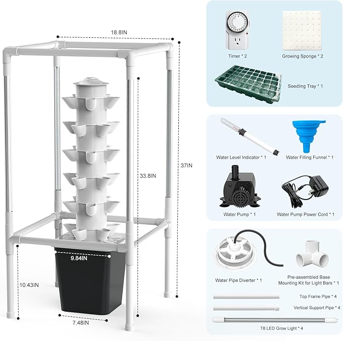 JESLED Hydroponic Growing System Indoor Herb Garden with 5000K Full-Spectrum Grow Lights Dual Timers for Auto Watering &amp Lighting Grows 30 Herbs &amp Vegetables Hydroponic Tower with 10L Wate