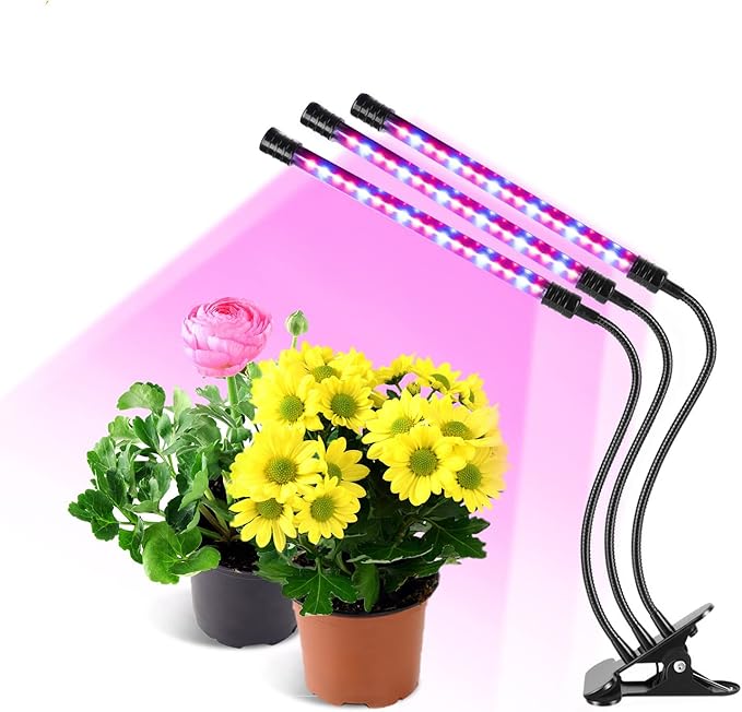 LED Grow Lights for Indoor Plants 40W Plant Growing Lamps Auto ON/Off with Red Blue Spectrum3Heads Adjustable Gooseneck with 4/8/12H Timer 5 Dimmable Brightness