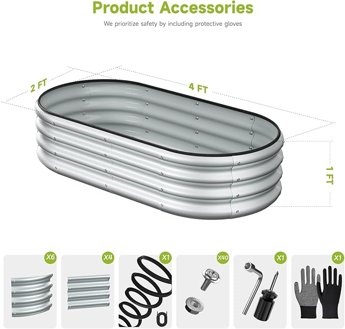 4x2x1 FT Oval Metal Raised Garden Bed Elevated Garden Planter Box Outdoor Trough Planter for Outdoor Plants Flower Vegetables Fruit Herbs (Silver 1PC)