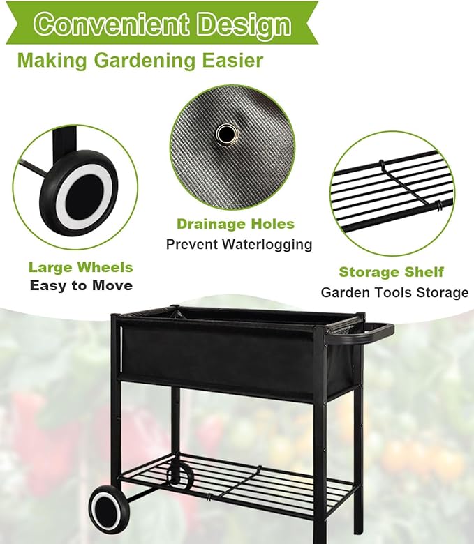Raised Garden Bed with Legs for Outdoor Plants Standing Elevated Planter Box Cart on Wheels for Vegetables Flower Herb Patio Black