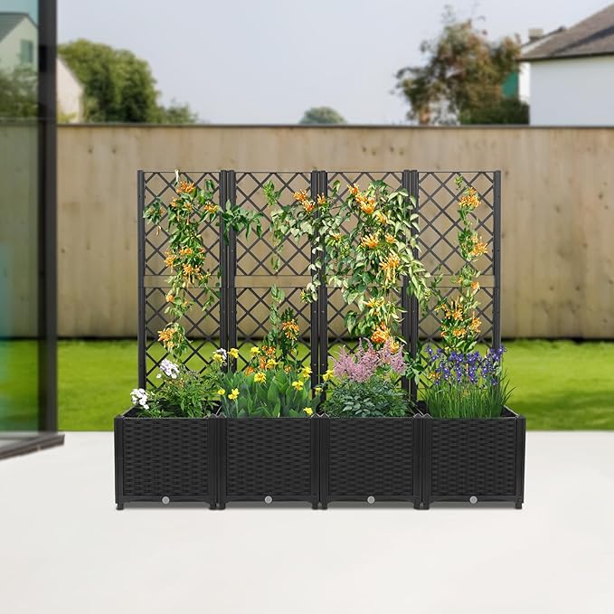 Metal Planter with Trellis 4 PCS Plastic Plant Boxs with Metal Trellis Planters Box Outdoor Planter for Climbing Planters Box for Outdoor Patio Backyard (Black)