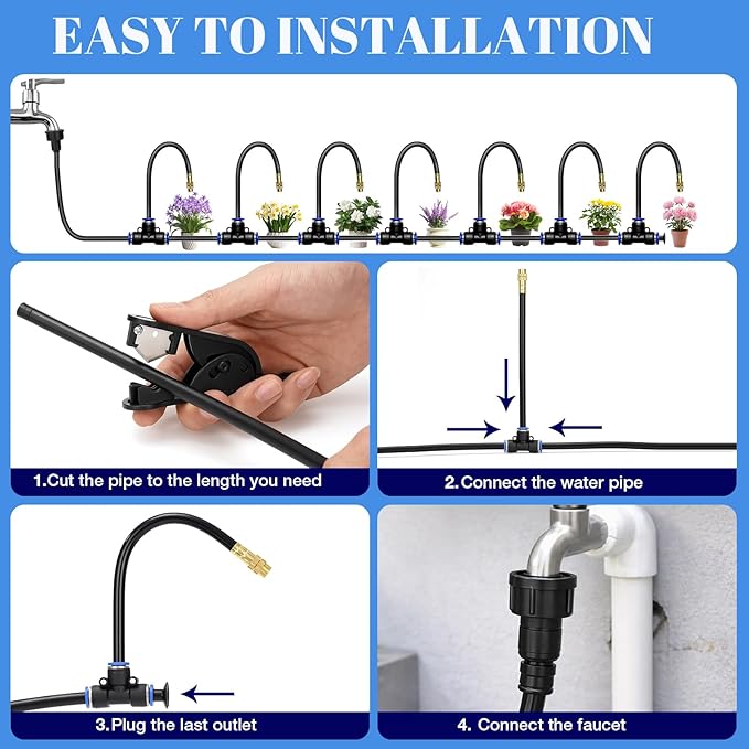 80FT Drip Irrigation Kit 8mm Hose with 20 Brass 360° Adjustable Nozzles Quick Connectors Automatic Garden Watering System– Complete Garden Irrigation System for Lawn Greenhouse Patio Yard