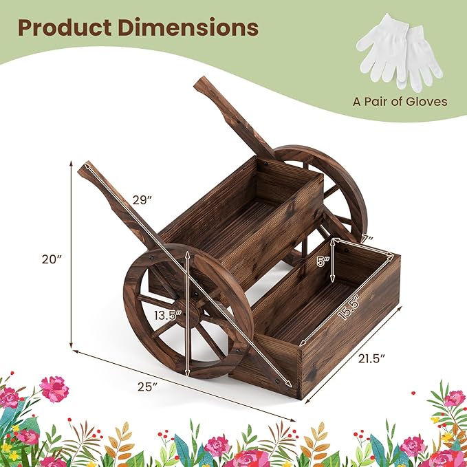 HAPPYGRILL Wooden Wagon Planter Box 2-Tier Raised Garden Bed w/Wheels &amp Drainage Hole Decorative Garden Planter for Flowers Herbs Vegetables Indoor Outdoor Flower Cart for Patio Garden Balcony