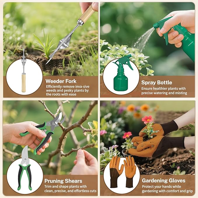 LASZOLA 9 Pcs Garden Tools Set with Tote Bag and Hand Trowel Rake Shovel Heavy Duty Stainless Steel Gardening Kit for Outdoor Plant Standable Portable Handbag Organizer Ideal for Women Mom Green