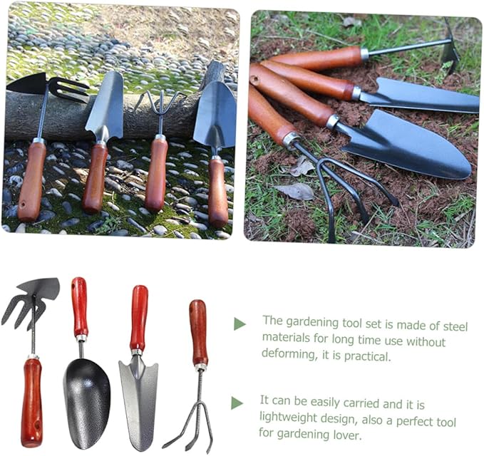 NUOBESTY Garden Tool Set 4pcs Mini Handheld Trowel Spade Hand Rake with Extended Narrow Shovel for Precise Weeding Transplanting and Digging in Flower Pots and Vegetable Gardens