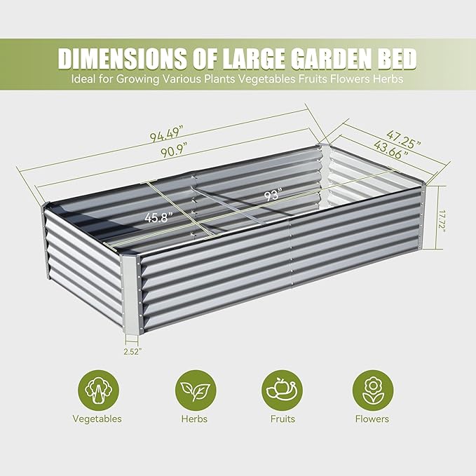 Land Guard Galvanized Raised Garden Bed Kit Outdoor Metal Raised Garden Beds Galvanized Planter Raised Garden Boxes for Vegetables Silver 94.49 x 47.25 x 17.72in