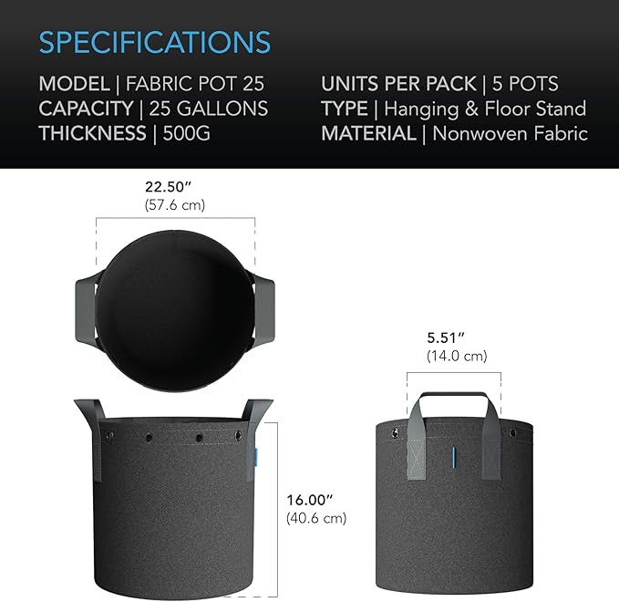 AC Infinity Heavy Duty Fabric Pots 25 Gallon Aeration Reusable Grow Bags 5-Pack with 500G Thick Nonwoven Fabric and Multi-Purpose Rings for Low Stress Plant Training Fruits Vegetables and Flowers