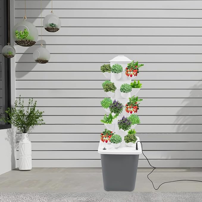 25 Holes Hydroponics Growing System Kit Herb Garden Planter Indoor Kit with 2.64gal Water Tank Outdoor/Indoor Gardening System Hydroponic Tower for Home Kitchen Office (Grey Water Tank)