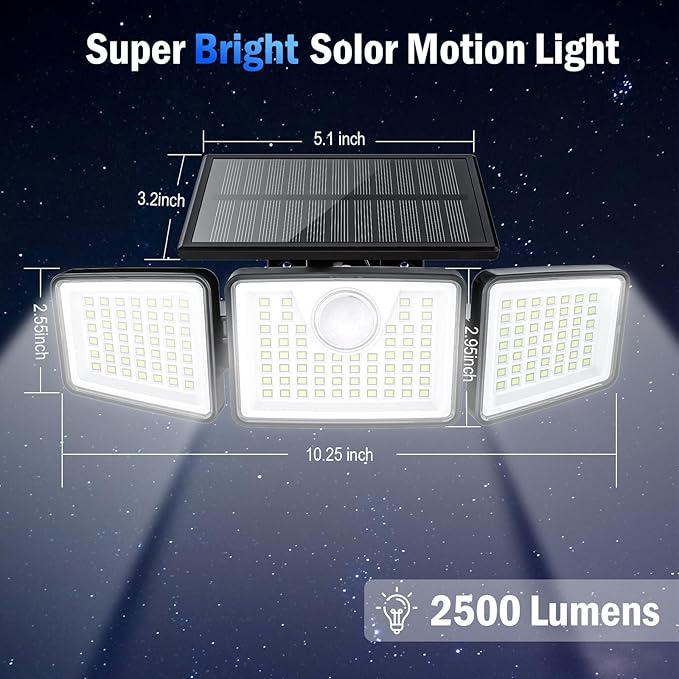 2500LM Solar Lights Outdoor with Motion Sensor3 Head 270° Wide Angle Street Area LightsIP65 Waterproof Security Lighting with 3 Modes(Remote2 Pcs)
