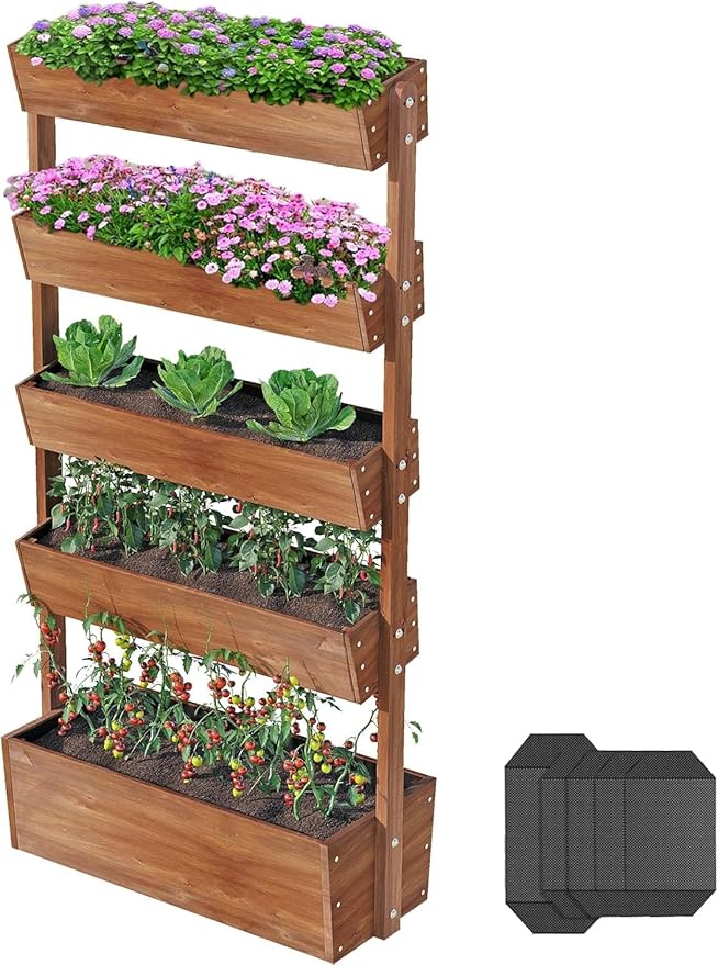 Vertical Raised Garden Bed5 Tier Wooden Garden PlantersAdjustable Freestanding Plant Stand Flower RankWooden Planters for Outdoor Indoor Balcony GardenHerb Vegetables Flowers33x17x66Brown