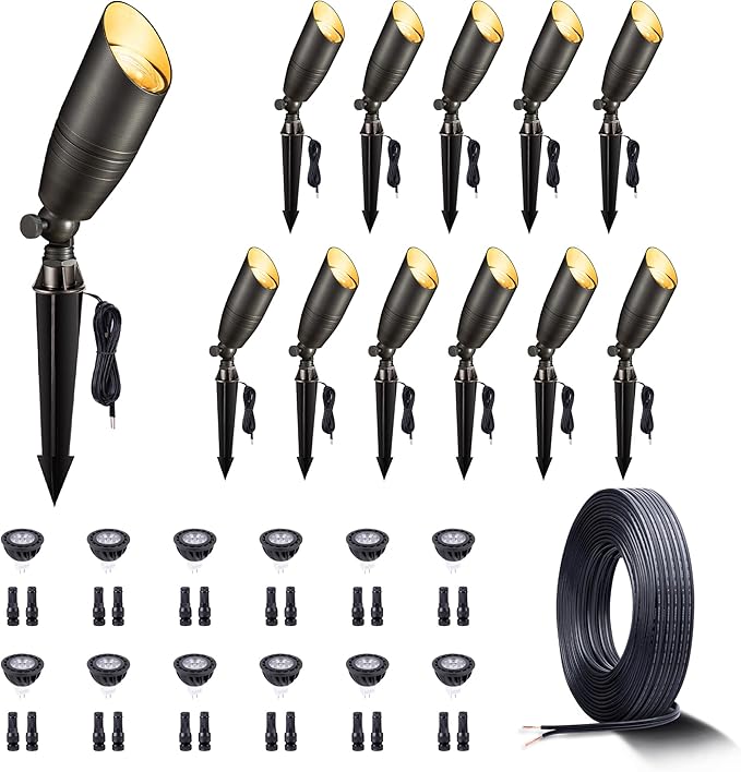 Gardenreet 12V Landscape Spotlight Bundle - 12 Pack Brass Spotlight 65FT 16/2 Cable Outdoor Waterproof LED Fixture for Garden Wall Tree with 5W 2700K Warm White MR16 Bulb