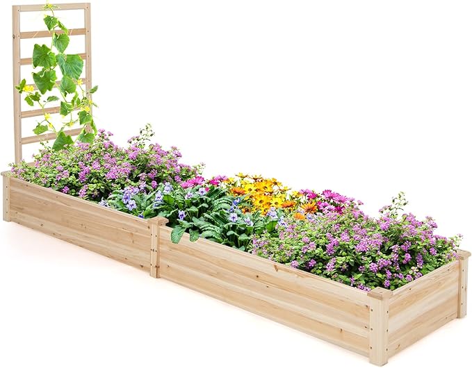 Giantex Raised Garden Bed with Trellis 93 L x 25 W x 40 H Wood Planter Box for Vegetables Flowers Herbs Fruits Climbing Plants Cucumber Easy Assembly Outdoor Rectangular Floor Gardening Beds