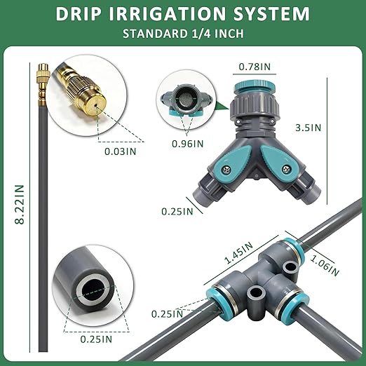 Drip Irrigation System 100FT 1/4 360°Adjustable Garden Watering System with 16pcs Copper Nozzles Drip Irrigation Kit for Outdoor Plants Greenhouse Watering System