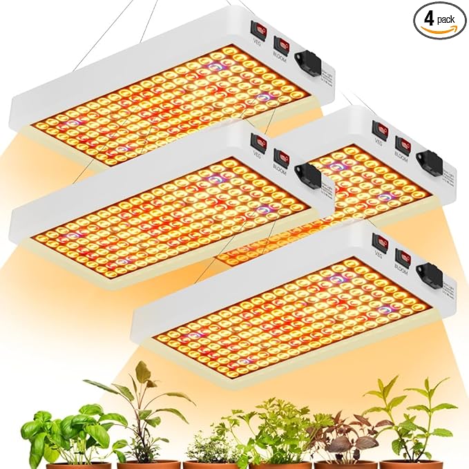 4Pcs 800W LED Plant Lights Dimmable Veg/Bloom 2 Modes with UV &amp IR Rays 100-277V Universal Voltage High Efficiency Sunlike Lighting for Hydroponics Greenhouse with US Plug and Easy-Install Hoo