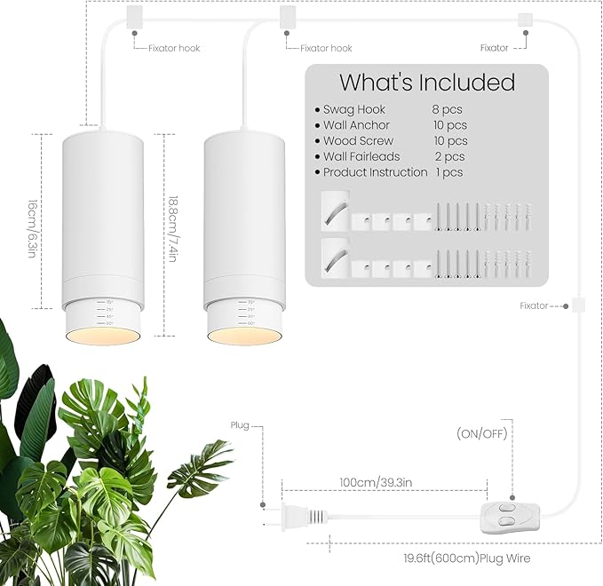 Zoomable Remote Pendant Grow Lights with Auto On/Off Timer 2X 30W Full Spectrum LED Plant Light 2700K-6000K Dimmable Plug in Hanging Lights for Indoor Plants 20FT Power Cord White 2PCS