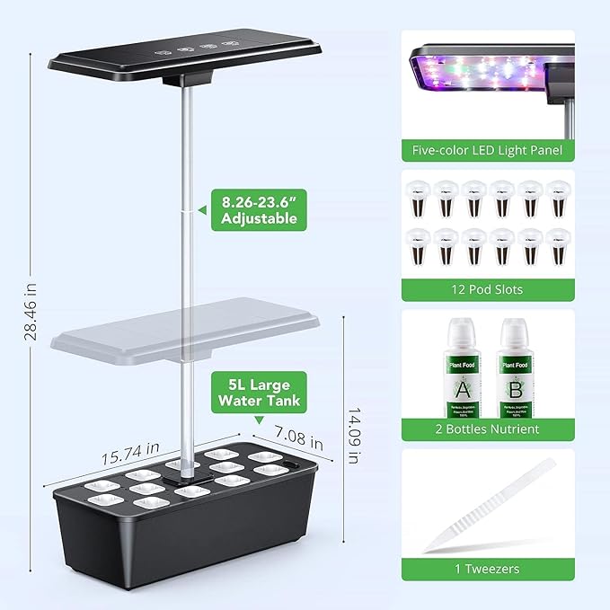GarveeLife Hydroponics Growing System - 12 Pods 30 in Height 30W 120 LED Grow Light Silent Pump Automatic Timer 3.5 in HD Screen Smart Controls
