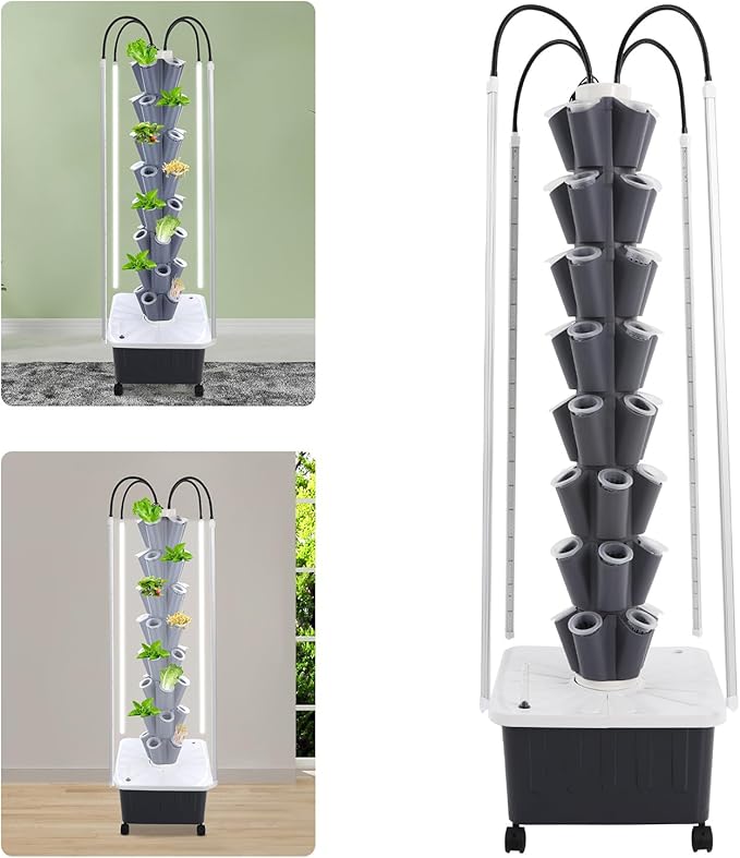 8-Tier Hydroponic Vertical Growing Kit with 40 Planting Holes &amp 4 LED Grow Lights - 5.28Gal Water Tank Food-Grade PP Auto Water Pump for Indoor/Outdoor Leafy Veggies &amp Herbs